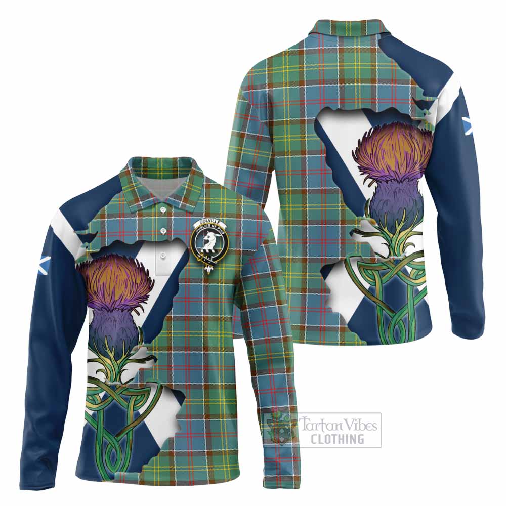 Tartan Vibes Clothing Colville Tartan Family Crest Long Sleeve Polo Shirt Scottish Thistle Celtic Inspired