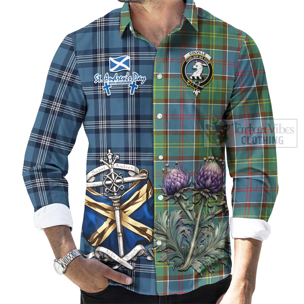 Tartan Vibes Clothing Colville Tartan Long Sleeve Button Shirt Happy St. Andrew's Day Half Tartan Style