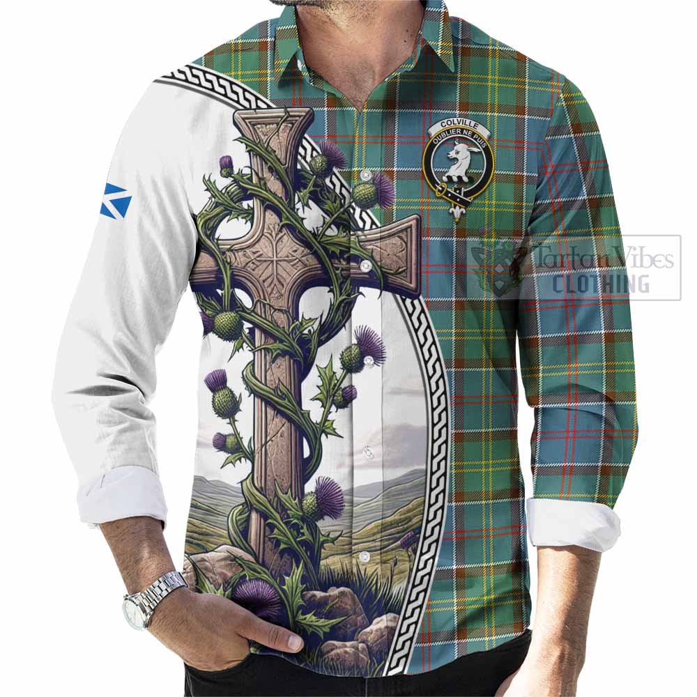 Tartan Vibes Clothing Colville Tartan Long Sleeve Button Shirt with Family Crest and St. Andrew's Cross Accented by Thistle Vines
