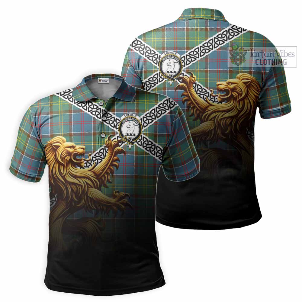 Tartan Vibes Clothing Colville Crest Tartan Polo Shirt with Golden Lion Emblem Celtic Style