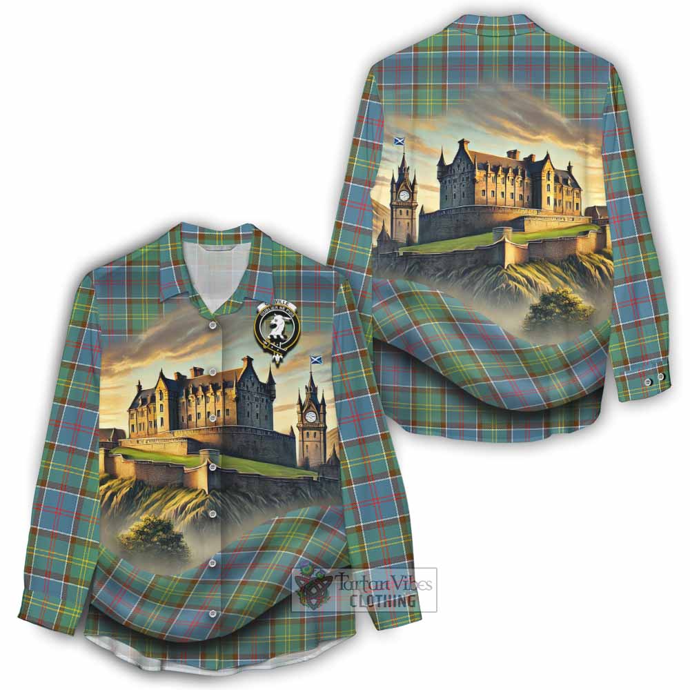 Tartan Vibes Clothing Colville Tartan Family Crest Women's Casual Shirt with Scottish Ancient Castle Style