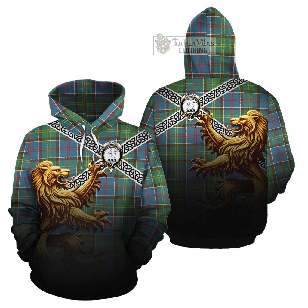 Tartan Vibes Clothing Colville Crest Tartan Cotton Hoodie with Golden Lion Emblem Celtic Style