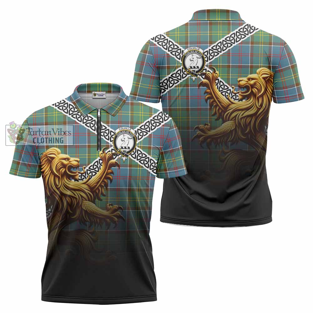 Tartan Vibes Clothing Colville Crest Tartan Zipper Polo Shirt with Golden Lion Emblem Celtic Style