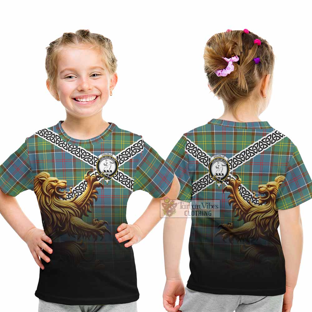 Tartan Vibes Clothing Colville Crest Tartan Kid T-Shirt with Golden Lion Emblem Celtic Style