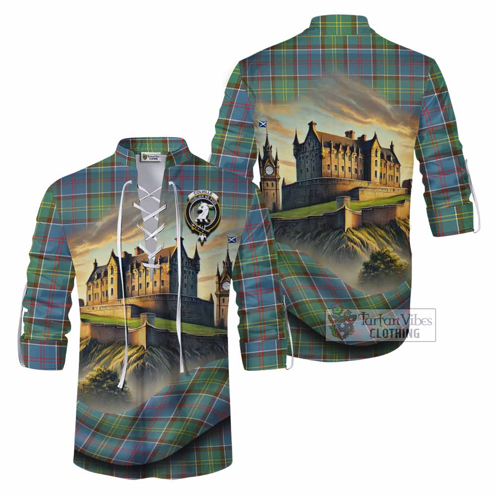 Tartan Vibes Clothing Colville Tartan Family Crest Ghillie Kilt Shirt with Scottish Ancient Castle Style