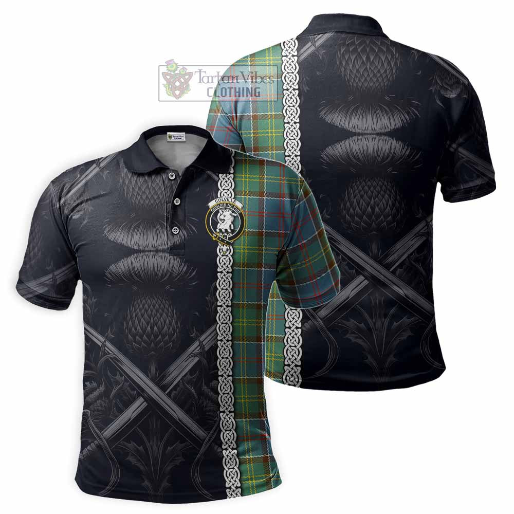 Tartan Vibes Clothing Colville Tartan Polo Shirt with Family Crest Cross Sword Thistle Celtic Vibes