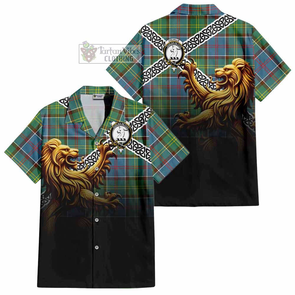 Tartan Vibes Clothing Colville Crest Tartan Short Sleeve Button Shirt with Golden Lion Emblem Celtic Style