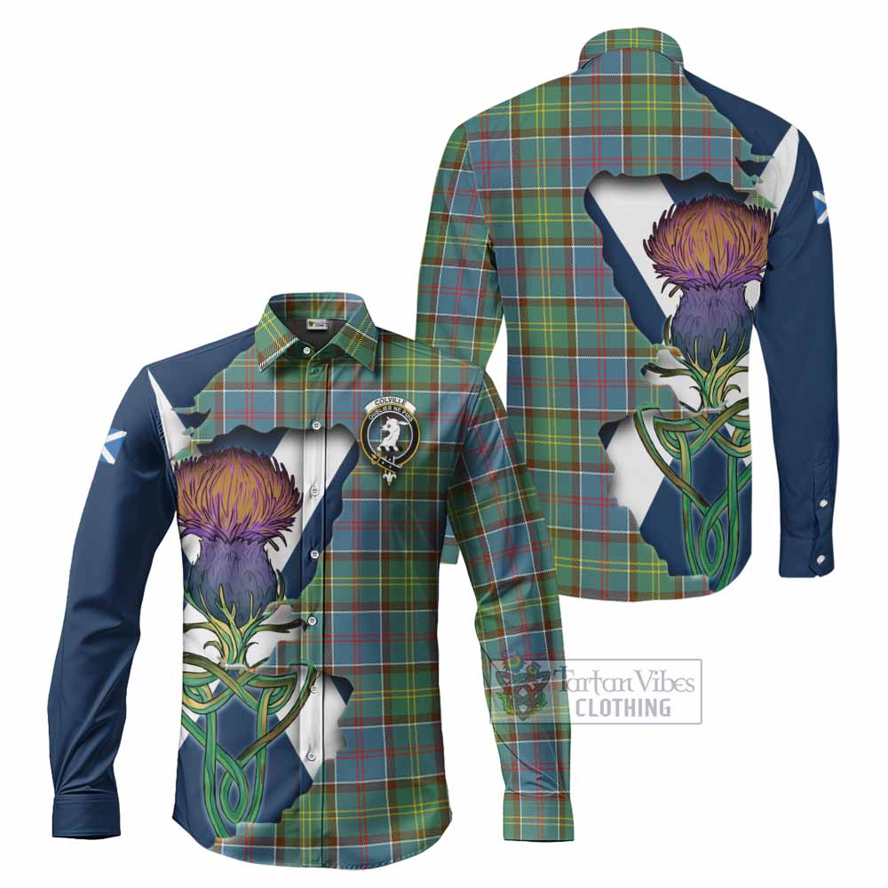 Tartan Vibes Clothing Colville Tartan Family Crest Long Sleeve Button Shirt Scottish Thistle Celtic Inspired