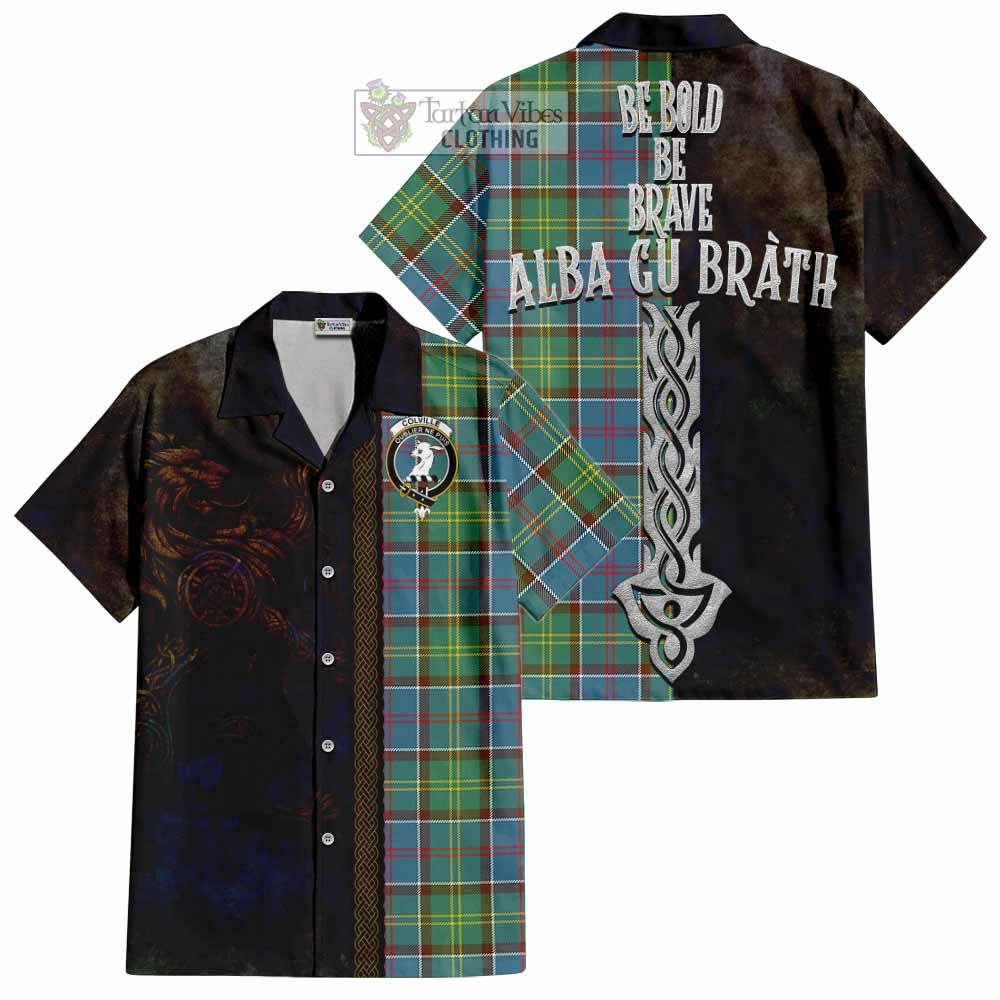 Tartan Vibes Clothing Colville Tartan Family Crest Short Sleeve Button Shirt Alba Gu Brath Be Brave Lion Ancient Style
