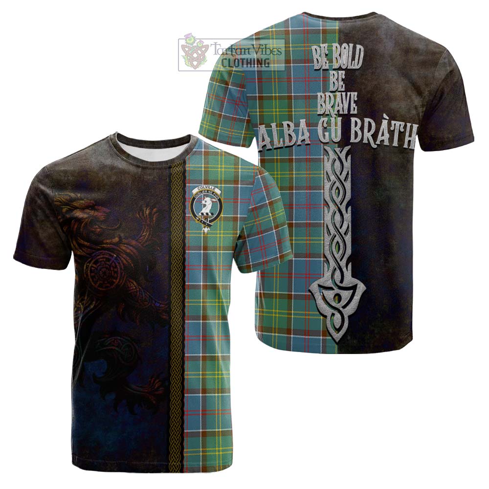 Tartan Vibes Clothing Colville Tartan Family Crest Cotton T-shirt Alba Gu Brath Be Brave Lion Ancient Style