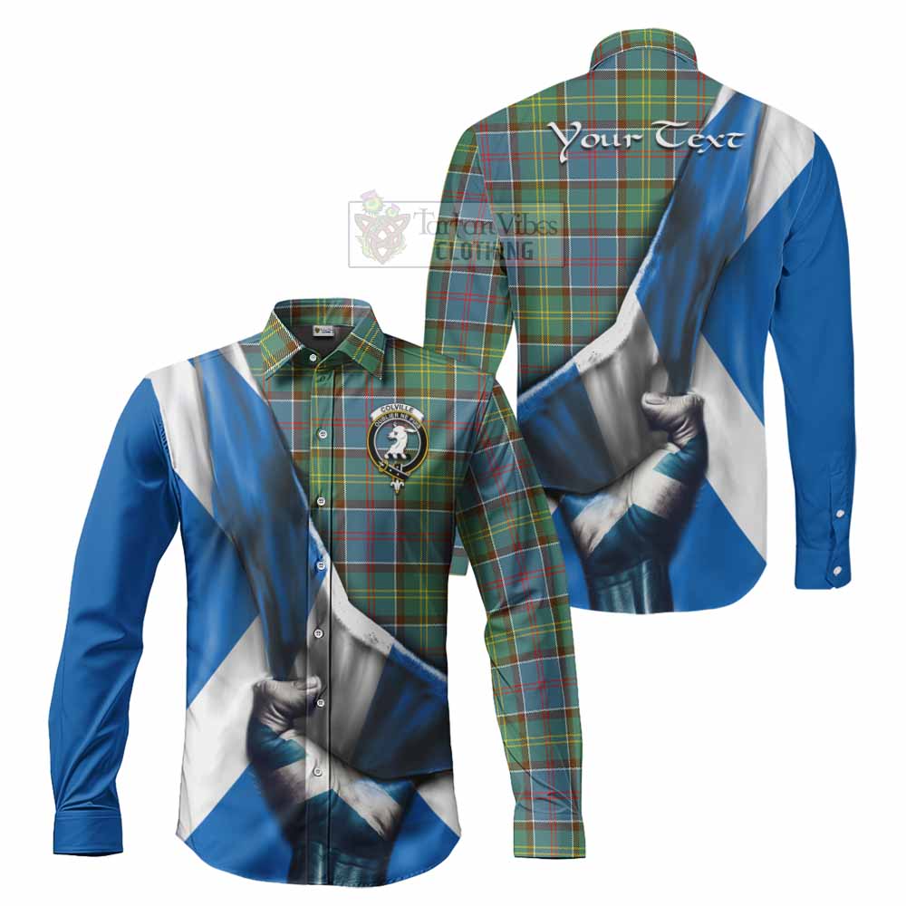 Tartan Vibes Clothing Colville Tartan Long Sleeve Button Shirt with Family Crest Scotland Patriotic Style