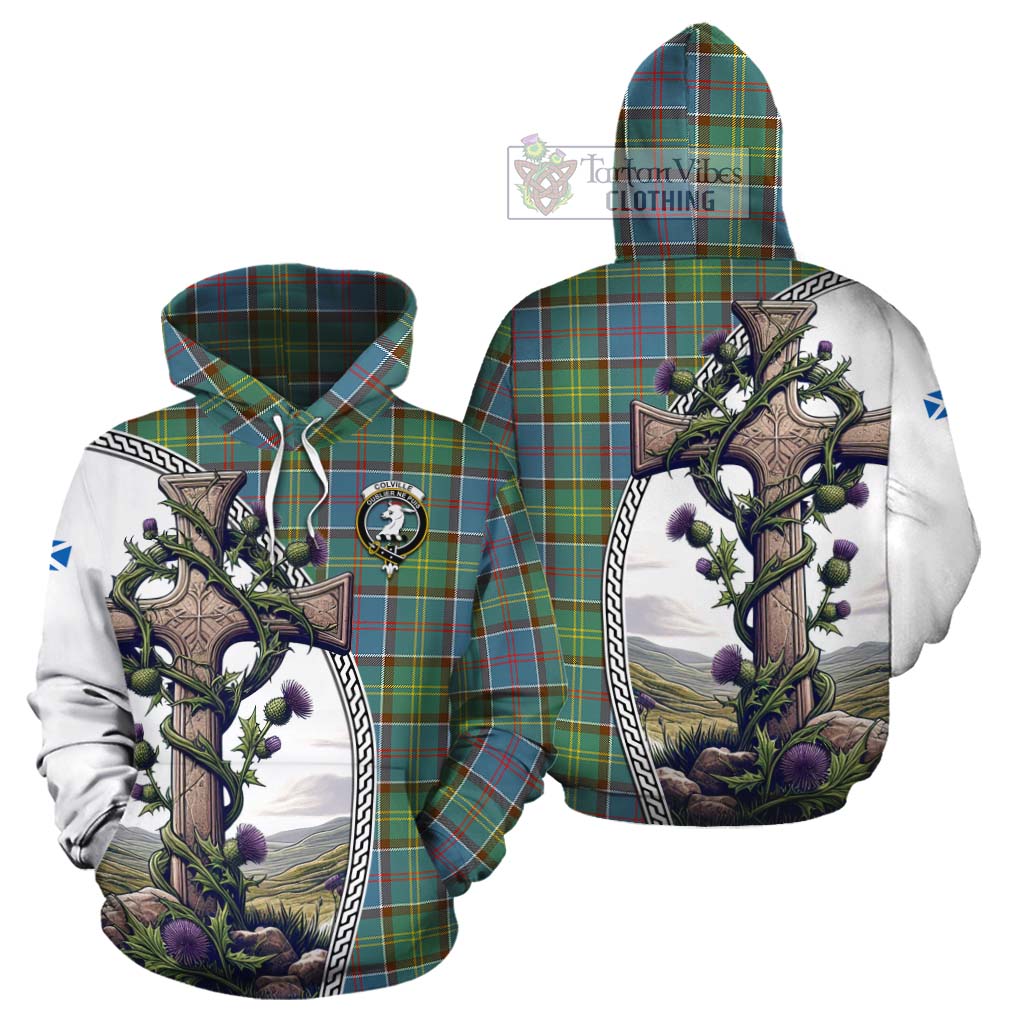 Tartan Vibes Clothing Colville Tartan Cotton Hoodie with Family Crest and St. Andrew's Cross Accented by Thistle Vines