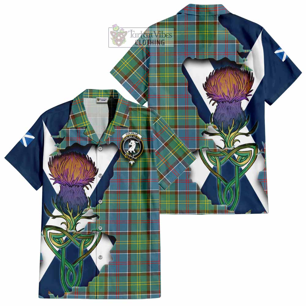 Tartan Vibes Clothing Colville Tartan Family Crest Short Sleeve Button Shirt Scottish Thistle Celtic Inspired