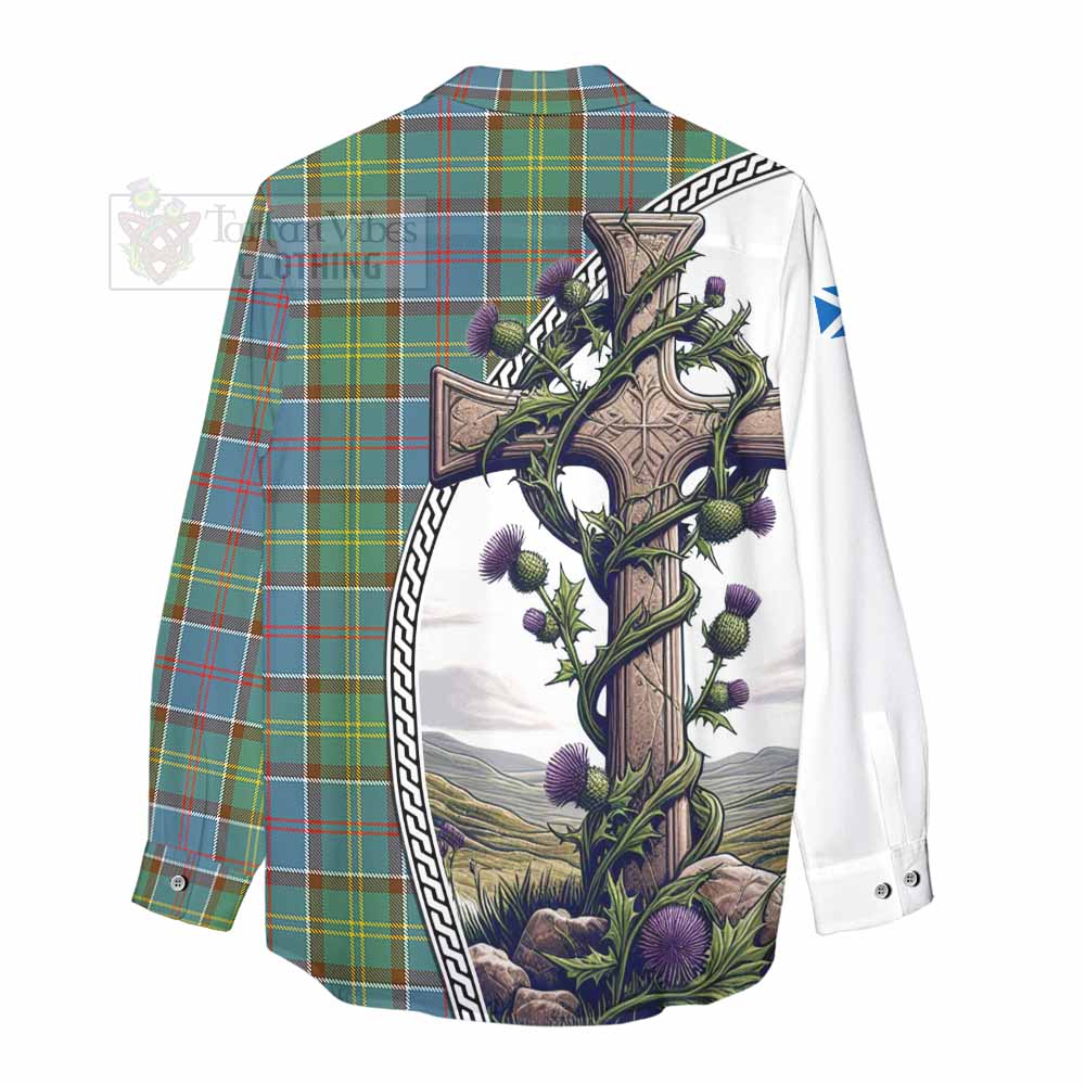 Tartan Vibes Clothing Colville Tartan Women's Casual Shirt with Family Crest and St. Andrew's Cross Accented by Thistle Vines