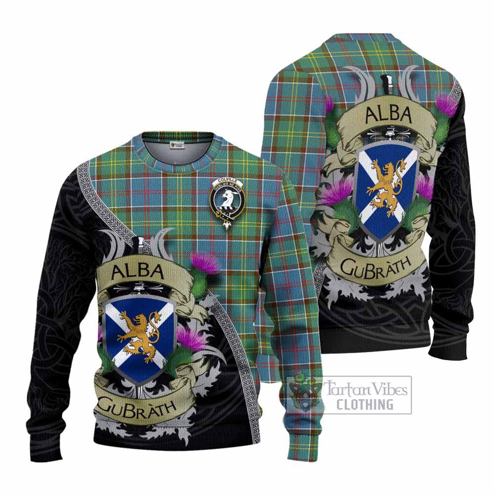 Tartan Vibes Clothing Colville Tartan Family Crest Knitted Sweater Lion Rampant Royal Thistle Shield Celtic Inspired