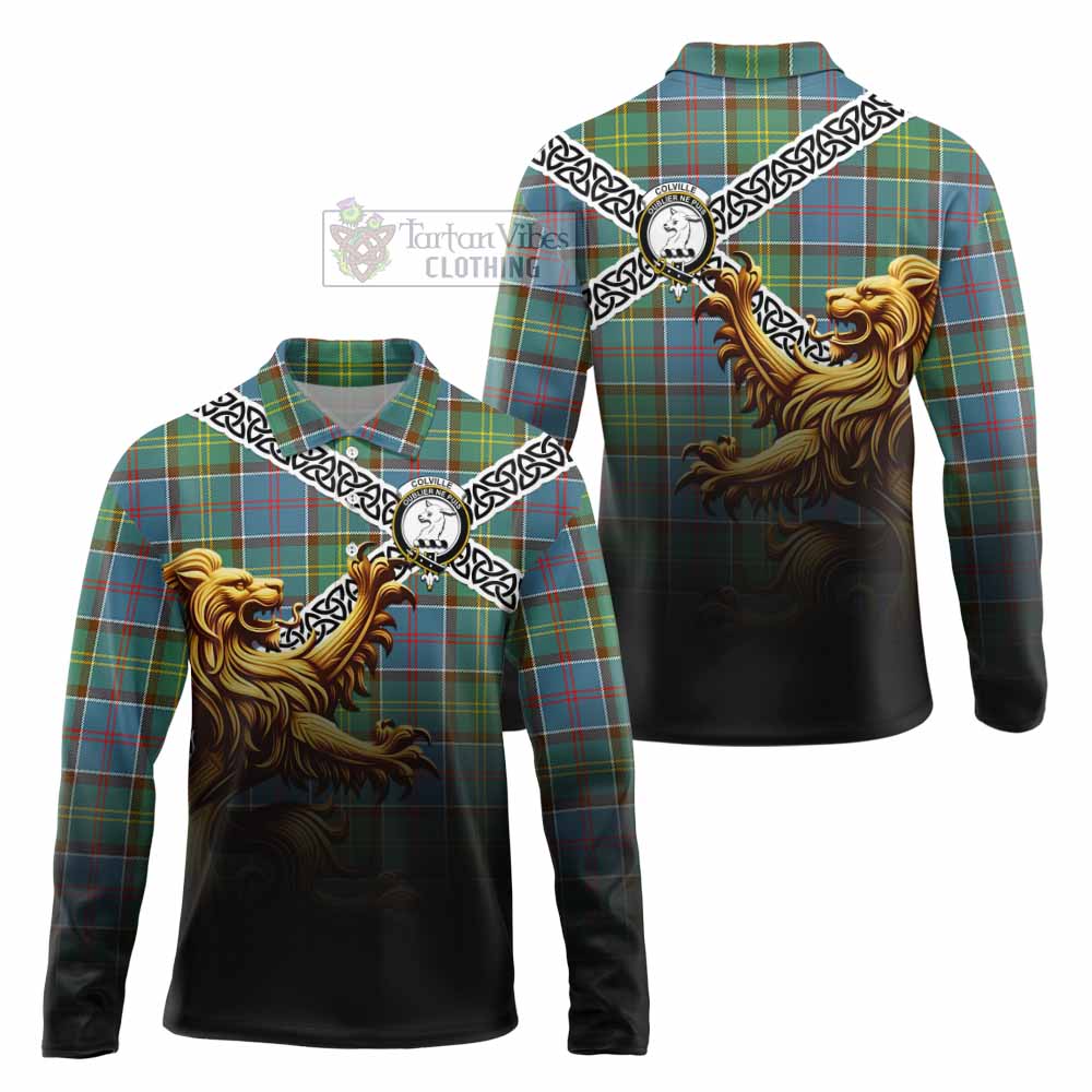 Tartan Vibes Clothing Colville Crest Tartan Long Sleeve Polo Shirt with Golden Lion Emblem Celtic Style