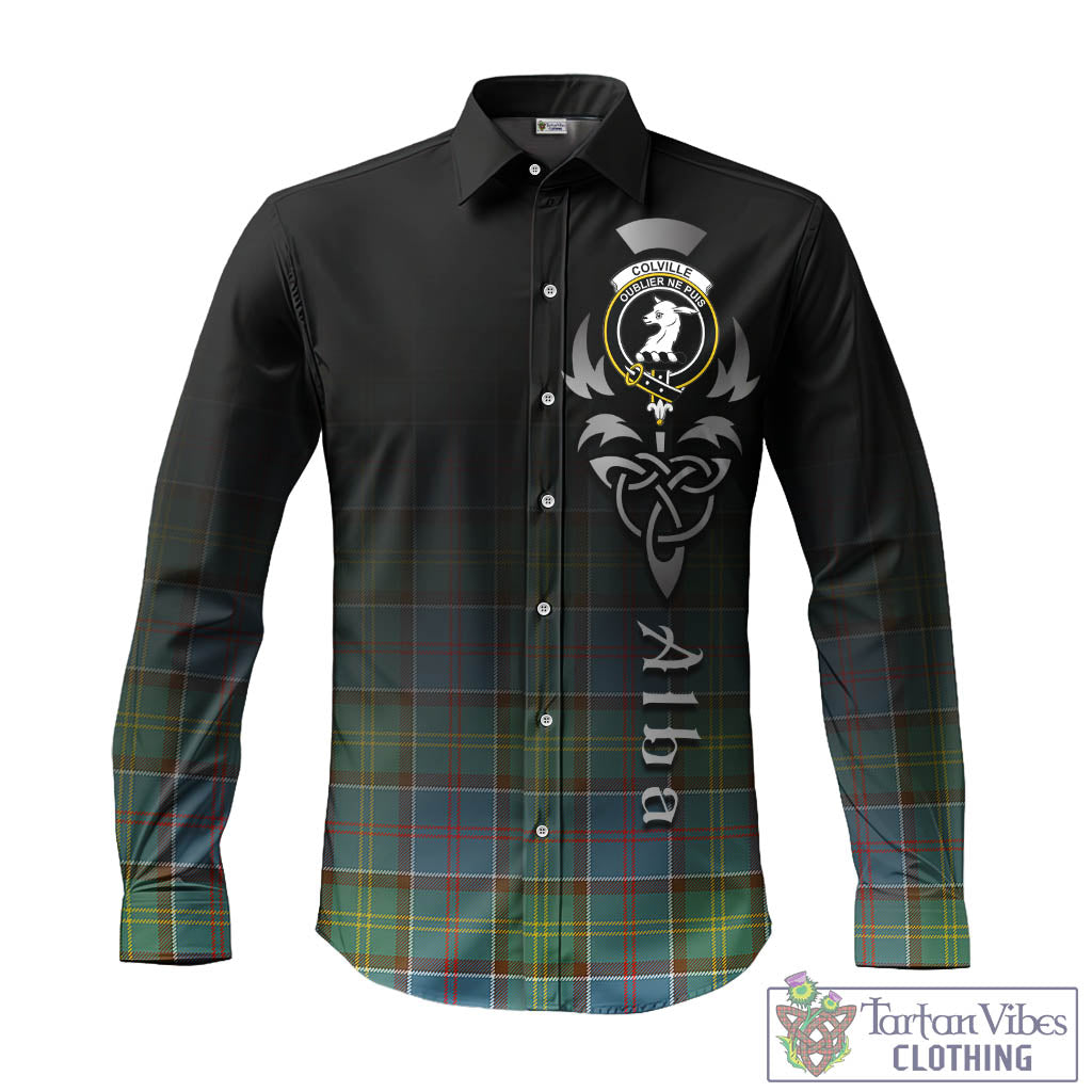 Tartan Vibes Clothing Colville Tartan Long Sleeve Button Up Featuring Alba Gu Brath Family Crest Celtic Inspired