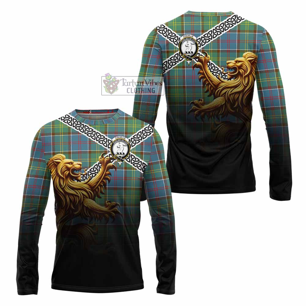 Tartan Vibes Clothing Colville Crest Tartan Long Sleeve T-Shirt with Golden Lion Emblem Celtic Style
