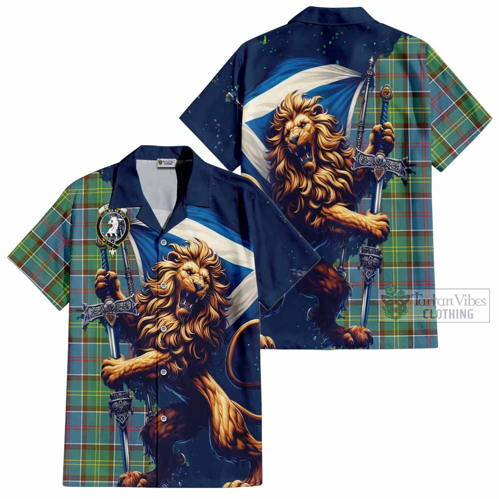 Tartan Vibes Clothing Colville Tartan Family Crest Short Sleeve Button Shirt with Scottish Majestic Lion