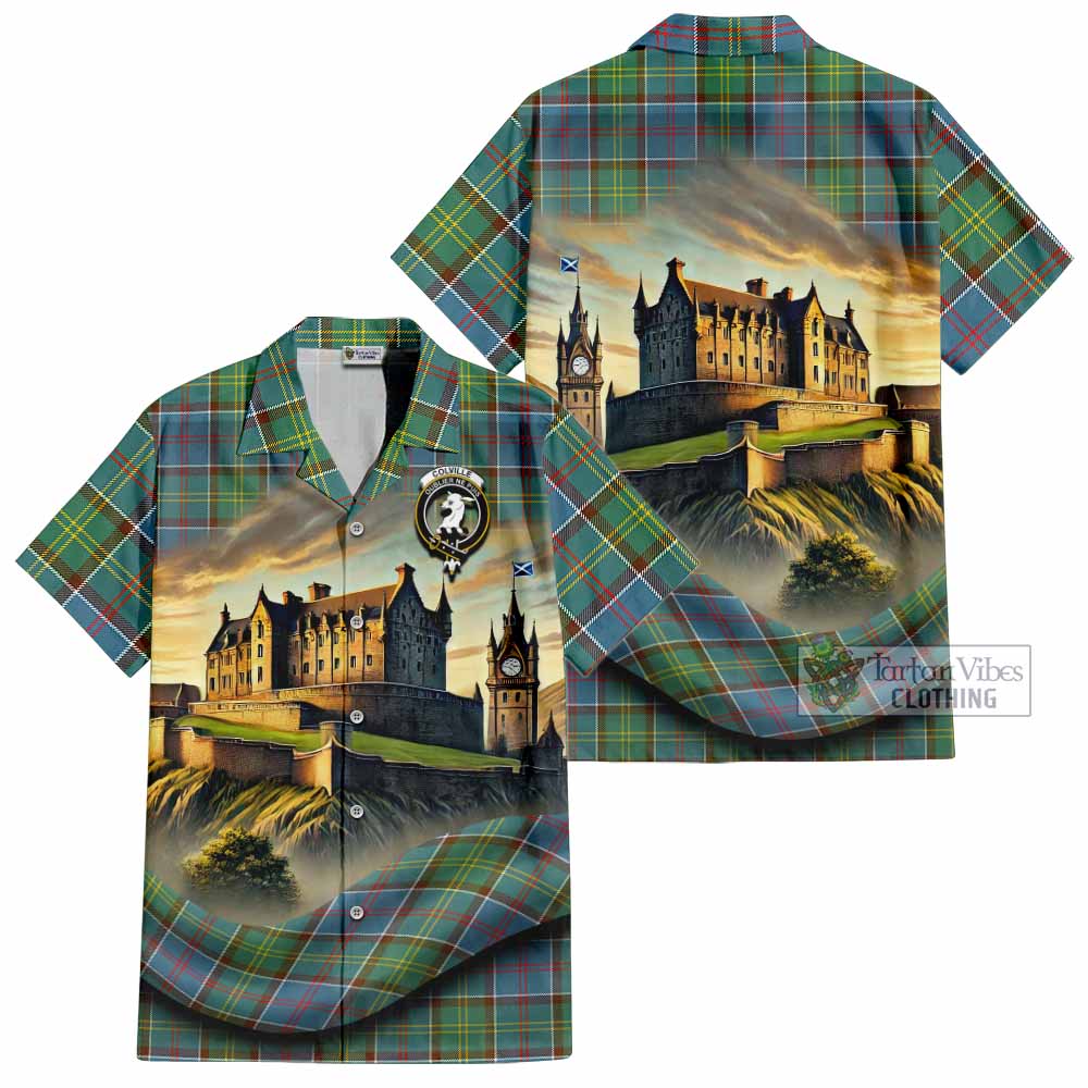 Tartan Vibes Clothing Colville Tartan Family Crest Short Sleeve Button Shirt with Scottish Ancient Castle Style