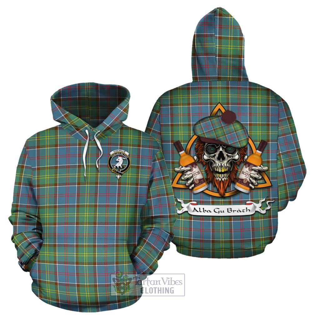 Tartan Vibes Clothing Colville Tartan Cotton Hoodie with Family Crest and Bearded Skull Holding Bottles of Whiskey