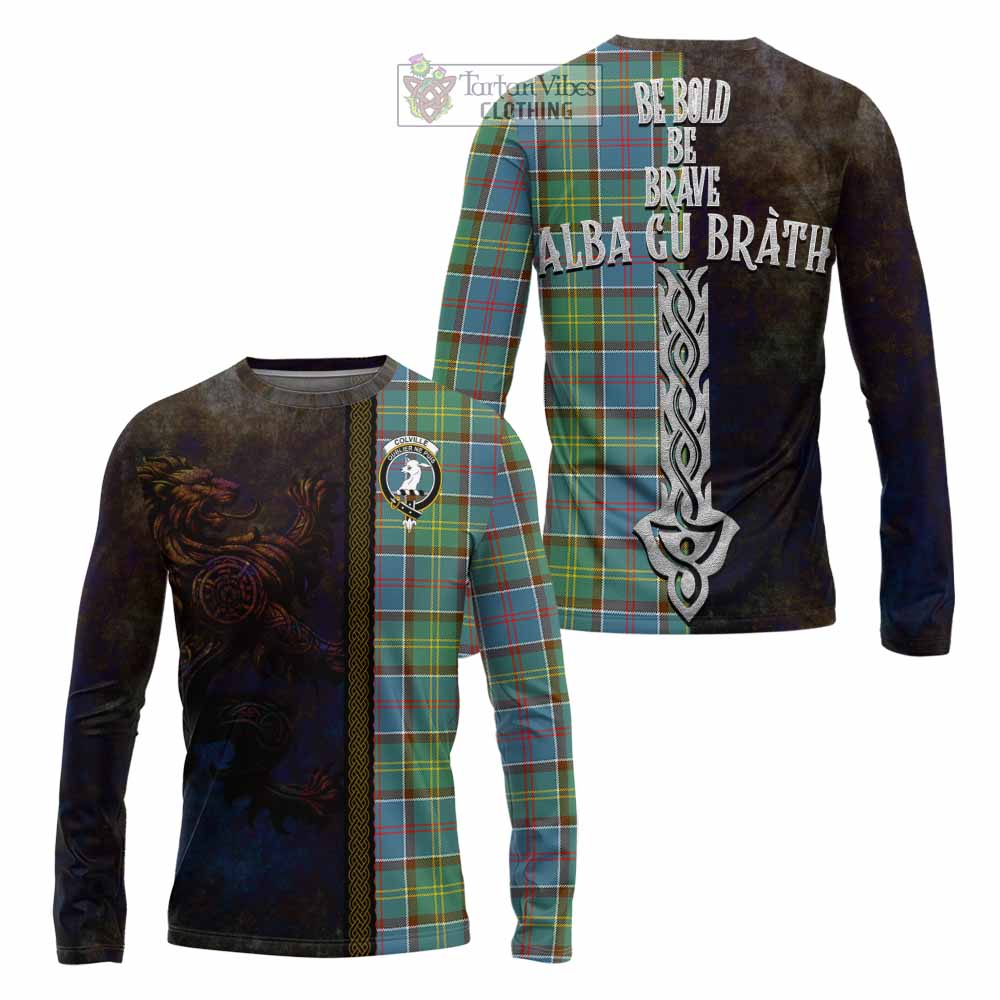 Tartan Vibes Clothing Colville Tartan Family Crest Long Sleeve T-Shirt Alba Gu Brath Be Brave Lion Ancient Style