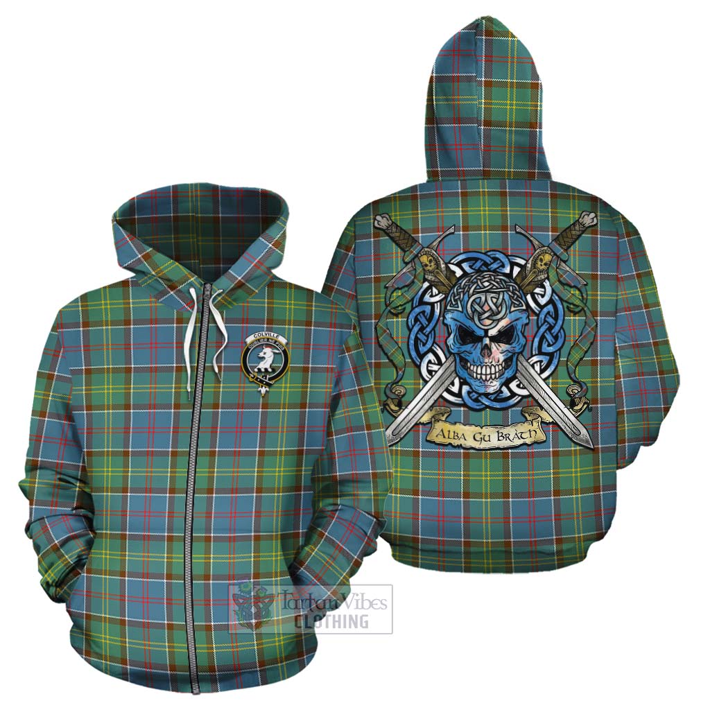 Tartan Vibes Clothing Colville Tartan Cotton Hoodie with Family Crest Celtic Skull Style
