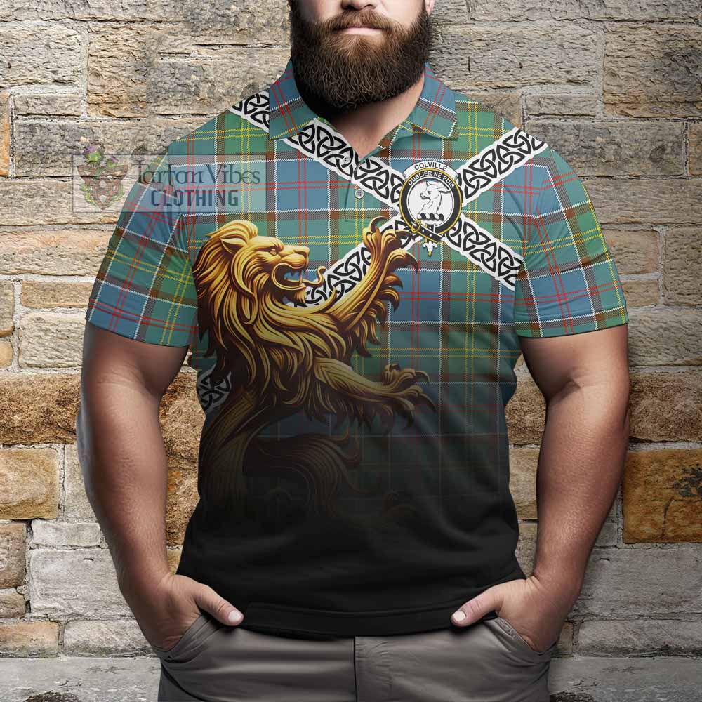 Tartan Vibes Clothing Colville Crest Tartan Polo Shirt with Golden Lion Emblem Celtic Style