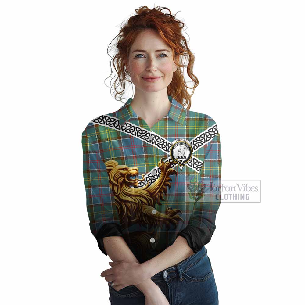 Tartan Vibes Clothing Colville Crest Tartan Women's Casual Shirt with Golden Lion Emblem Celtic Style