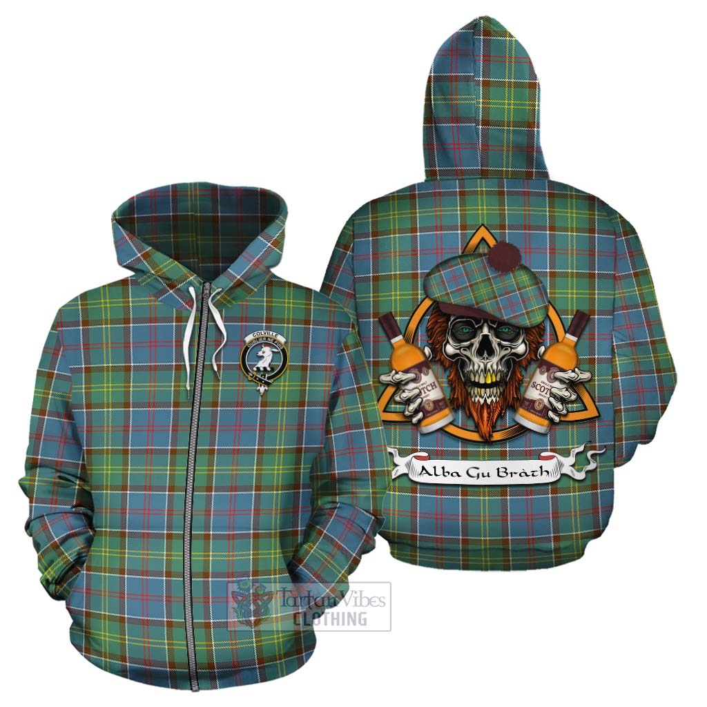 Tartan Vibes Clothing Colville Tartan Cotton Hoodie with Family Crest and Bearded Skull Holding Bottles of Whiskey