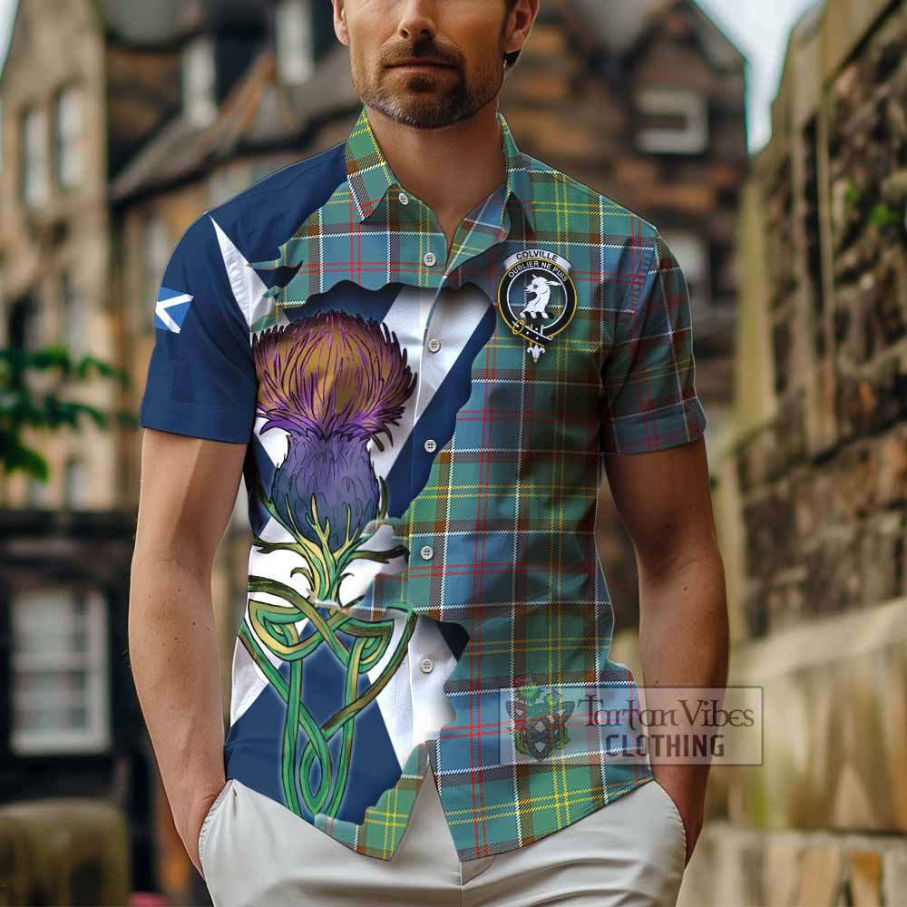 Tartan Vibes Clothing Colville Tartan Family Crest Short Sleeve Button Shirt Scottish Thistle Celtic Inspired