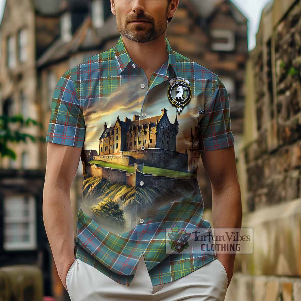 Tartan Vibes Clothing Colville Tartan Family Crest Short Sleeve Button Shirt with Scottish Ancient Castle Style