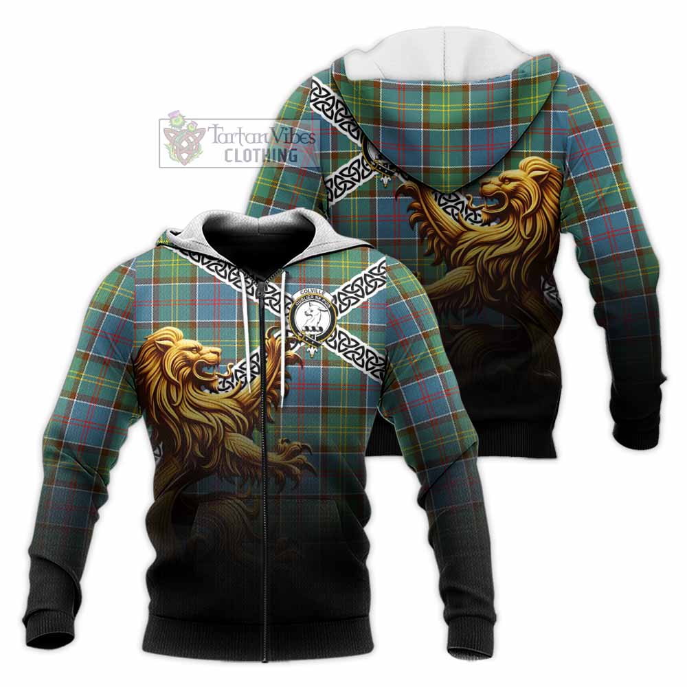 Tartan Vibes Clothing Colville Crest Tartan Knitted Hoodie with Golden Lion Emblem Celtic Style