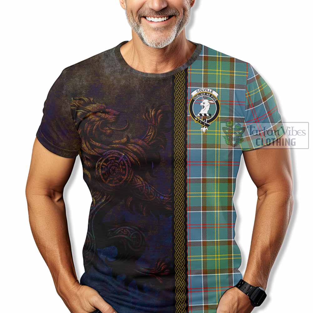 Tartan Vibes Clothing Colville Tartan Family Crest T-Shirt Alba Gu Brath Be Brave Lion Ancient Style