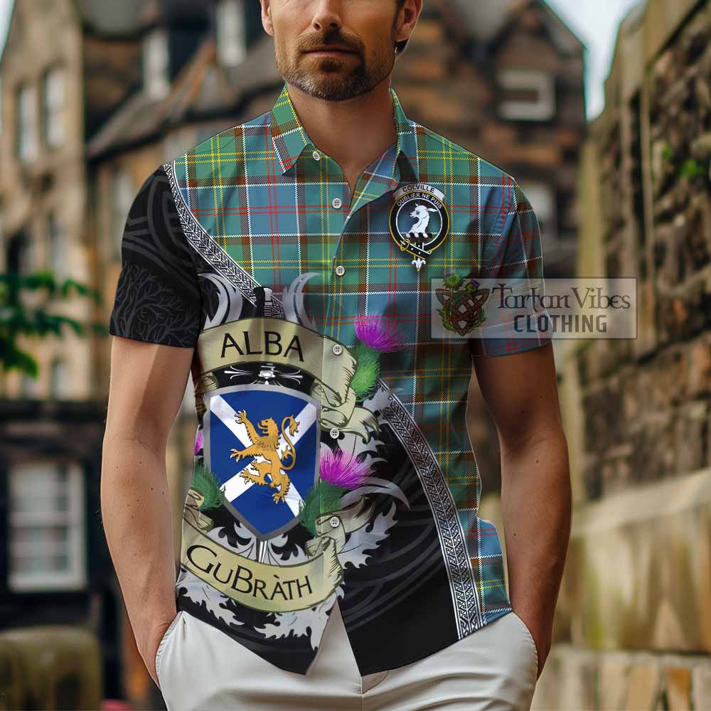 Tartan Vibes Clothing Colville Tartan Family Crest Short Sleeve Button Shirt Lion Rampant Royal Thistle Shield Celtic Inspired