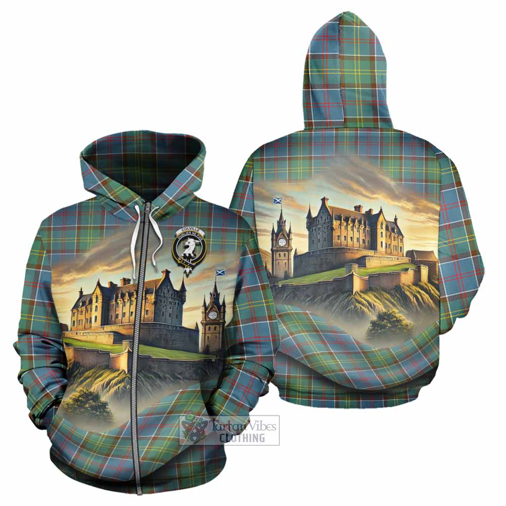 Tartan Vibes Clothing Colville Tartan Family Crest Hoodie with Scottish Ancient Castle Style