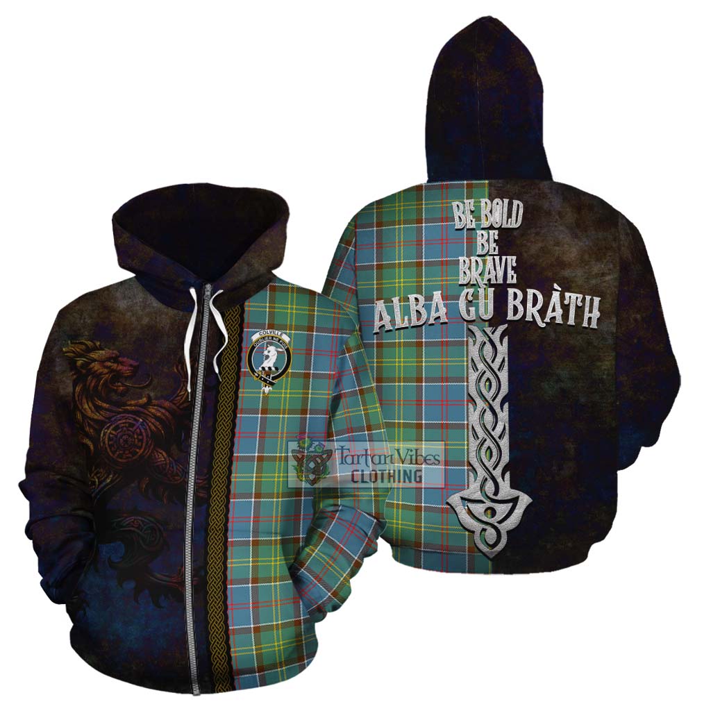 Tartan Vibes Clothing Colville Tartan Family Crest Cotton Hoodie Alba Gu Brath Be Brave Lion Ancient Style