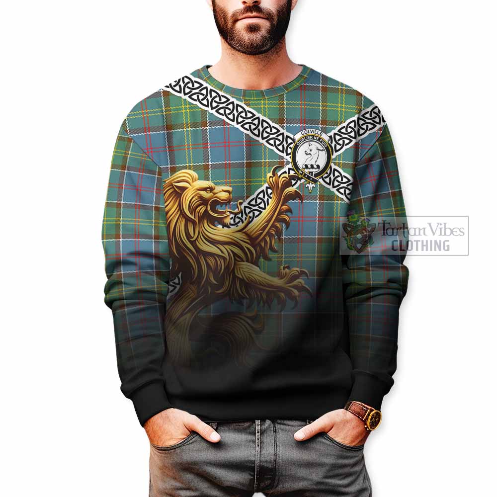 Tartan Vibes Clothing Colville Crest Tartan Sweatshirt with Golden Lion Emblem Celtic Style