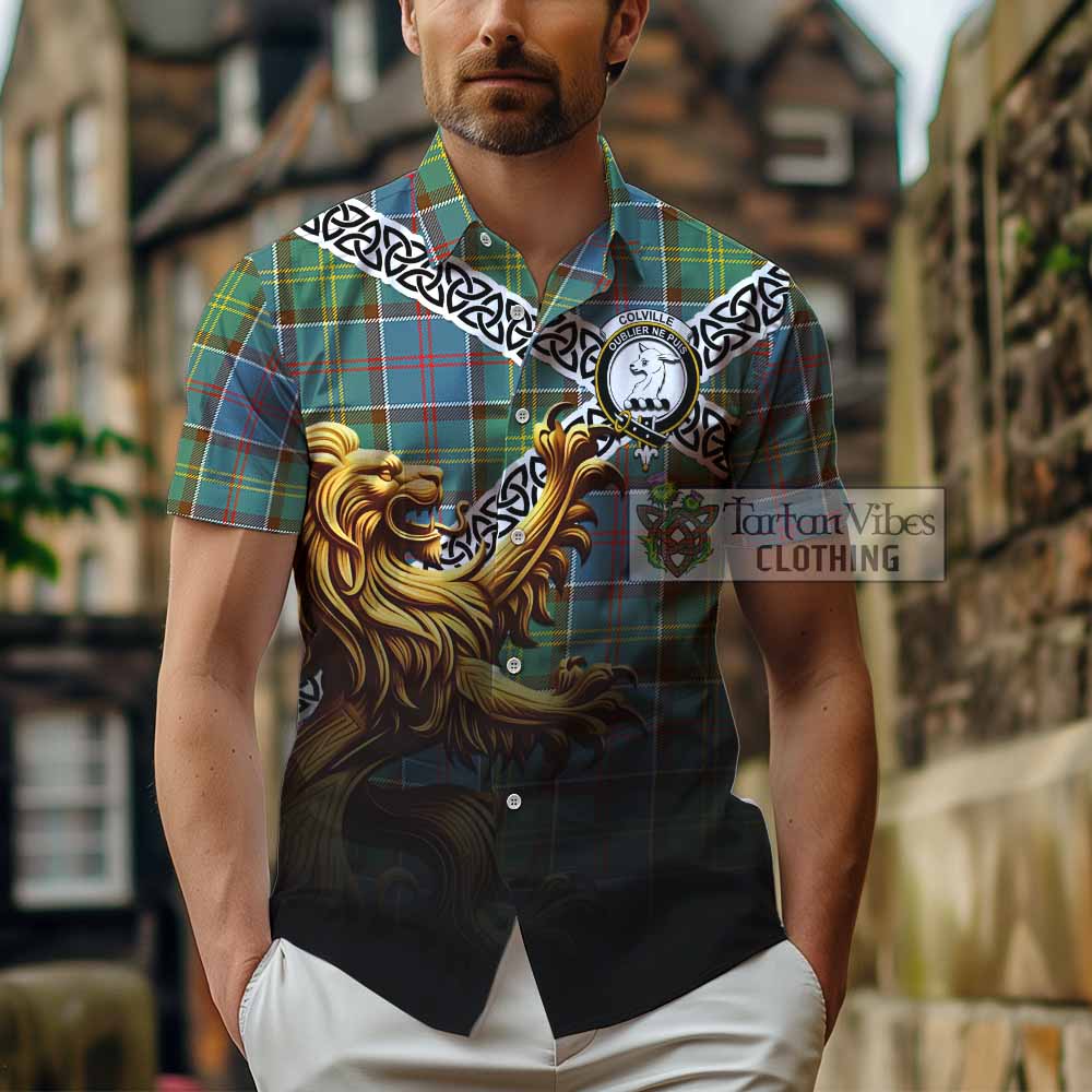 Tartan Vibes Clothing Colville Crest Tartan Short Sleeve Button Shirt with Golden Lion Emblem Celtic Style
