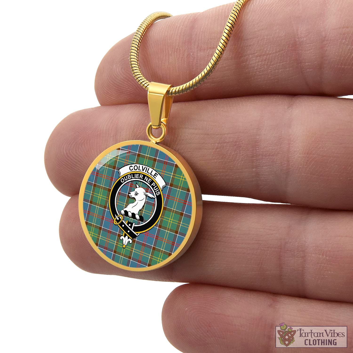 Tartan Vibes Clothing Colville Tartan Circle Necklace with Family Crest