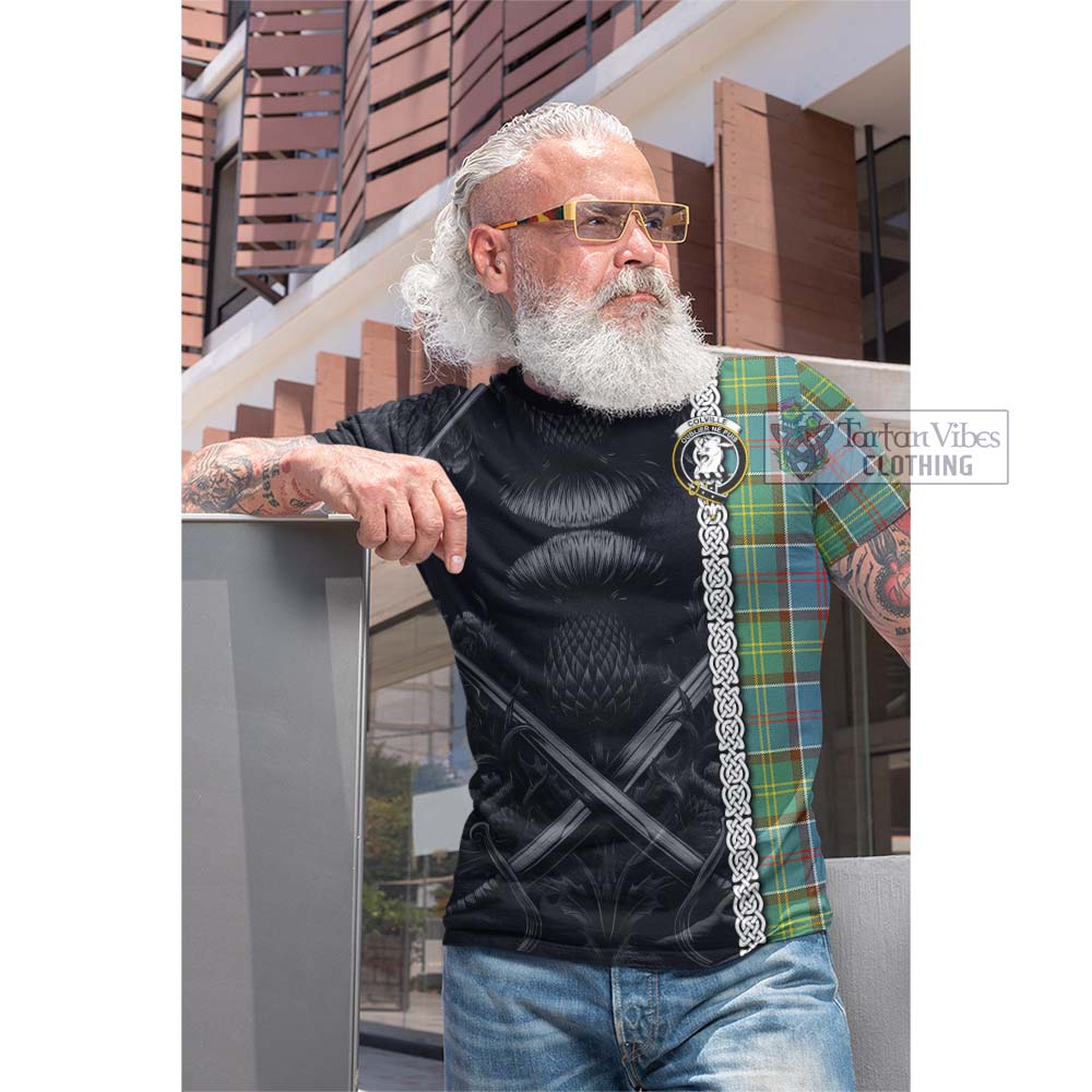 Tartan Vibes Clothing Colville Tartan Cotton T-shirt with Family Crest Cross Sword Thistle Celtic Vibes