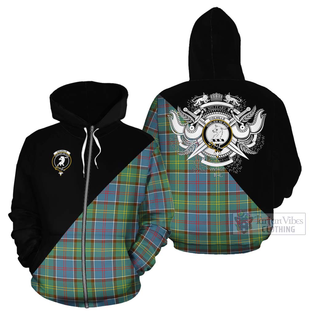 Tartan Vibes Clothing Colville Tartan Cotton Hoodie with Family Crest and Military Logo Style