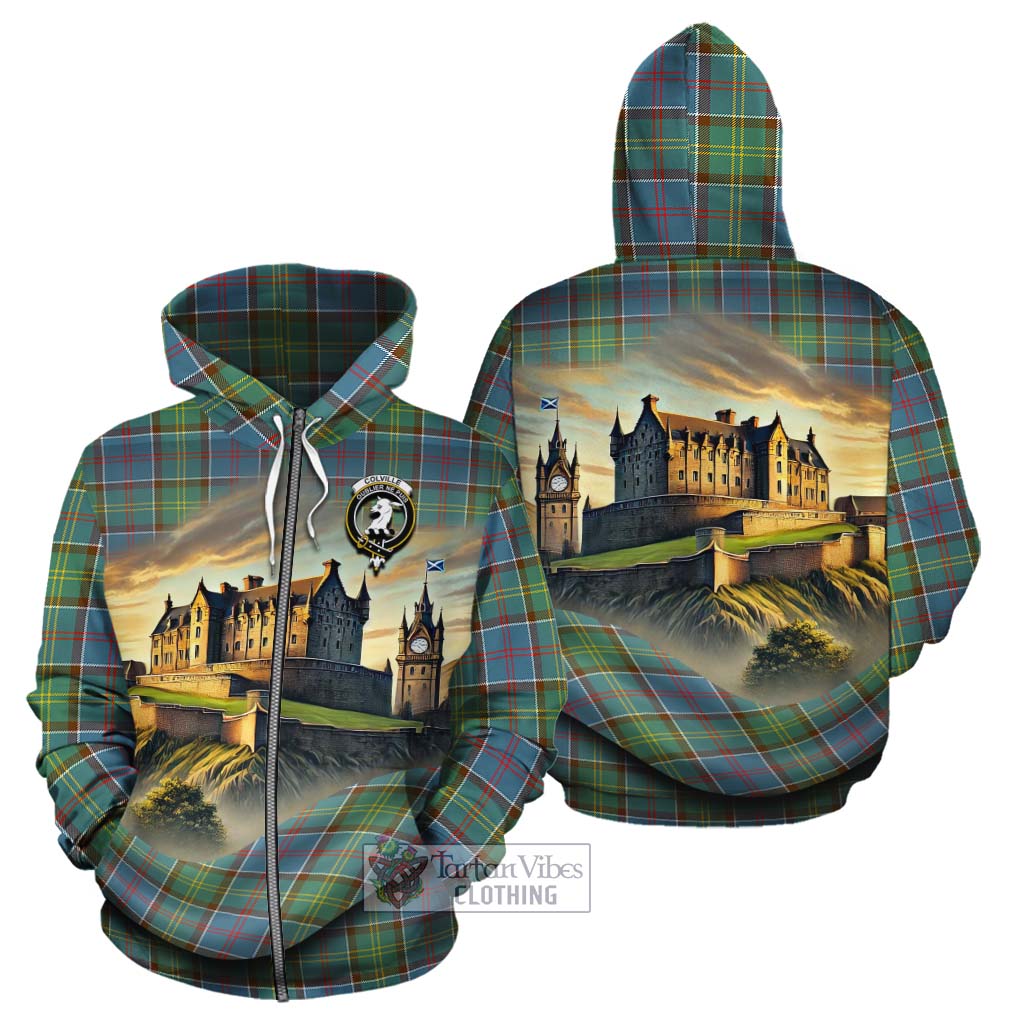 Tartan Vibes Clothing Colville Tartan Family Crest Cotton Hoodie with Scottish Ancient Castle Style