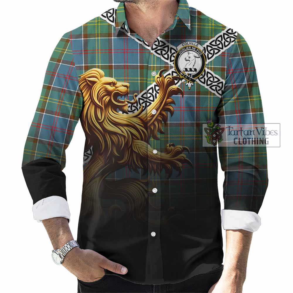 Tartan Vibes Clothing Colville Crest Tartan Long Sleeve Button Shirt with Golden Lion Emblem Celtic Style