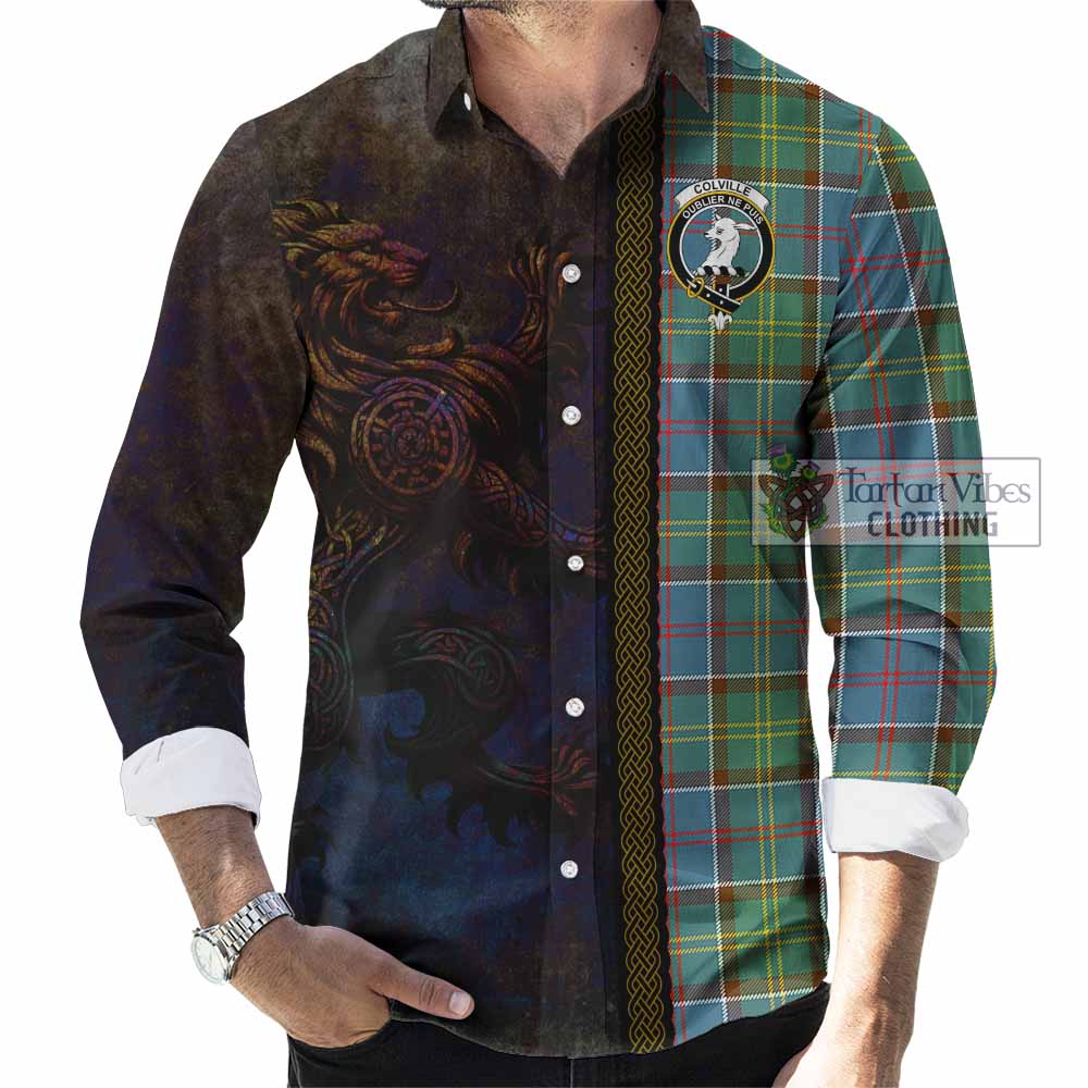 Tartan Vibes Clothing Colville Tartan Family Crest Long Sleeve Button Shirt Alba Gu Brath Be Brave Lion Ancient Style
