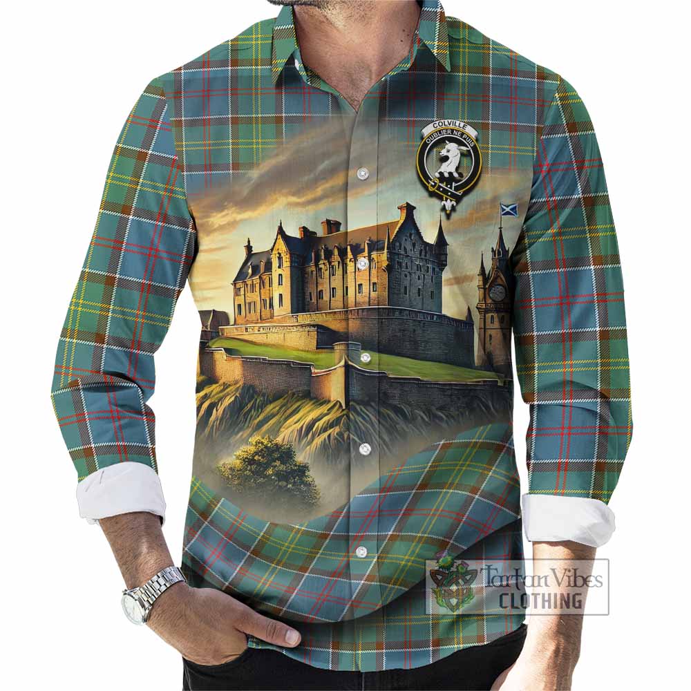 Tartan Vibes Clothing Colville Tartan Family Crest Long Sleeve Button Shirt with Scottish Ancient Castle Style