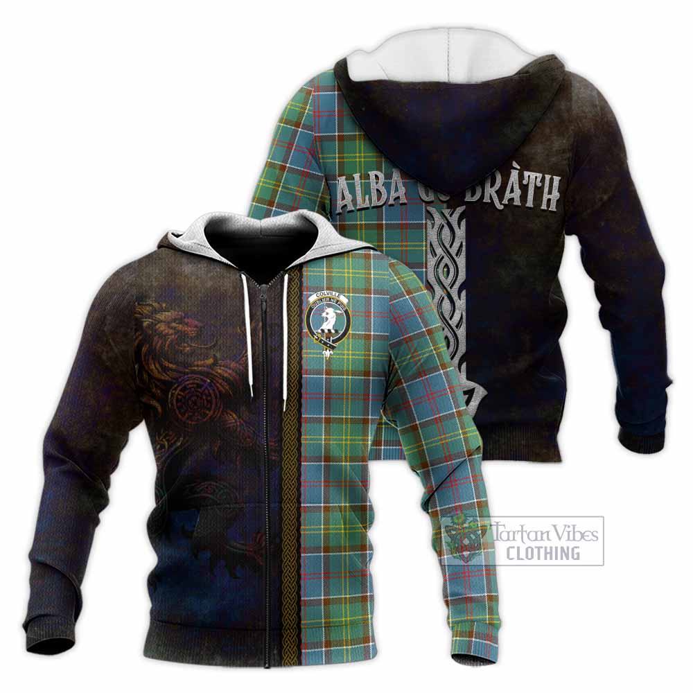 Tartan Vibes Clothing Colville Tartan Family Crest Knitted Hoodie Alba Gu Brath Be Brave Lion Ancient Style