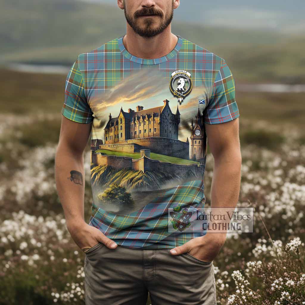 Tartan Vibes Clothing Colville Tartan Family Crest T-Shirt with Scottish Ancient Castle Stype