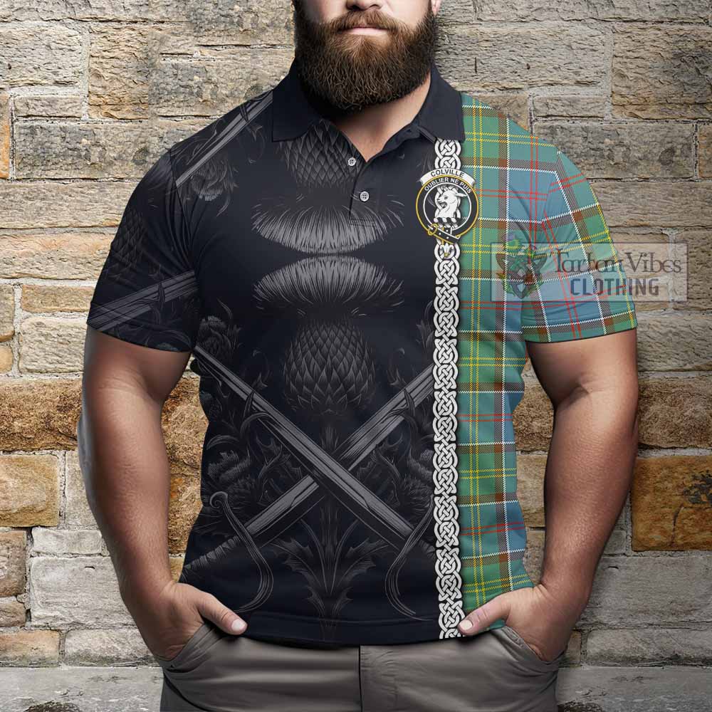 Tartan Vibes Clothing Colville Tartan Polo Shirt with Family Crest Cross Sword Thistle Celtic Vibes