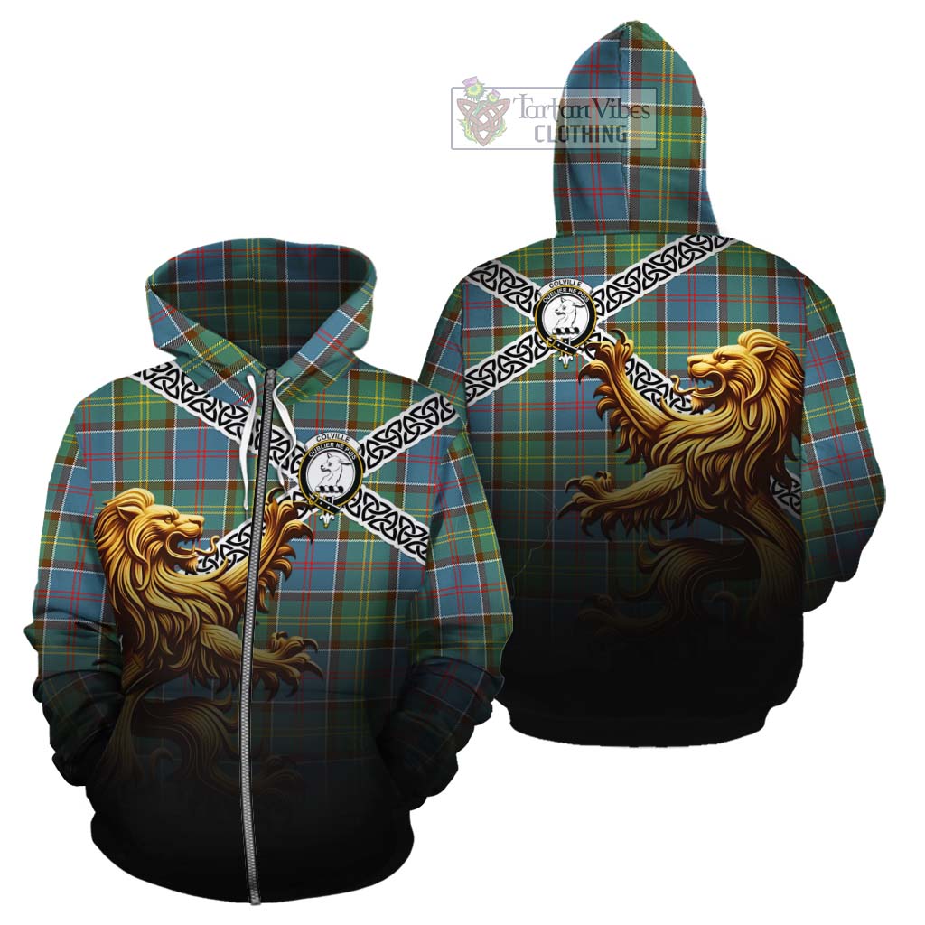 Tartan Vibes Clothing Colville Crest Tartan Cotton Hoodie with Golden Lion Emblem Celtic Style